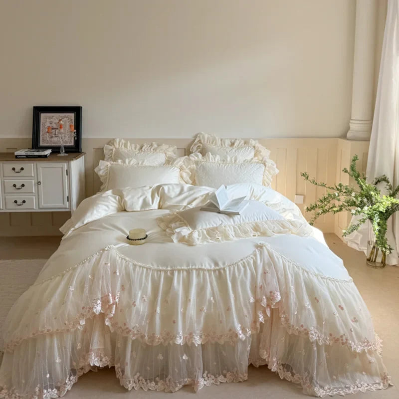 4Pcs Romantic Double Layer Lace Princess Wedding Bedding Set
