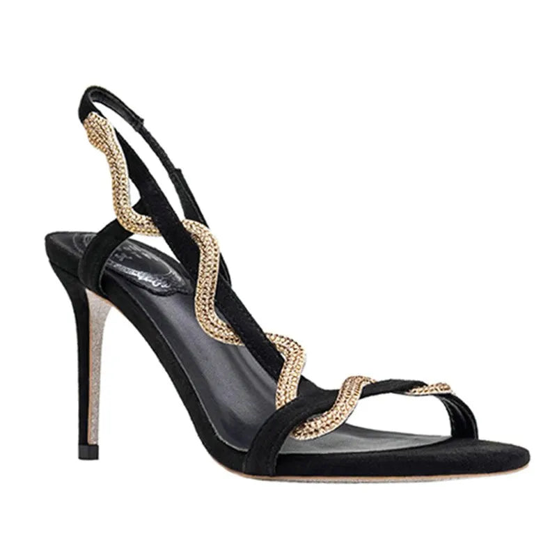 French Sexy Black Gold Rhinestone Stilettos Temperament Socialite Fairy Serpentine Sandals