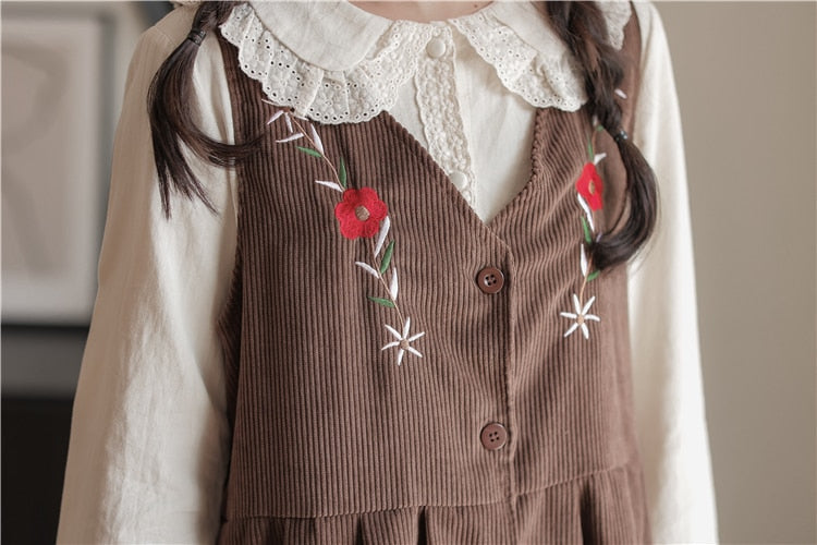 Meadow Petal Corduroy Flower Embroidered Cottagecore Dress