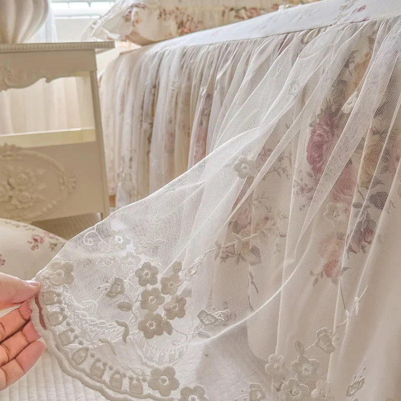 100% Cotton Flowers Print Lace Ruffles Princess 4/6Pcs Bedding Set