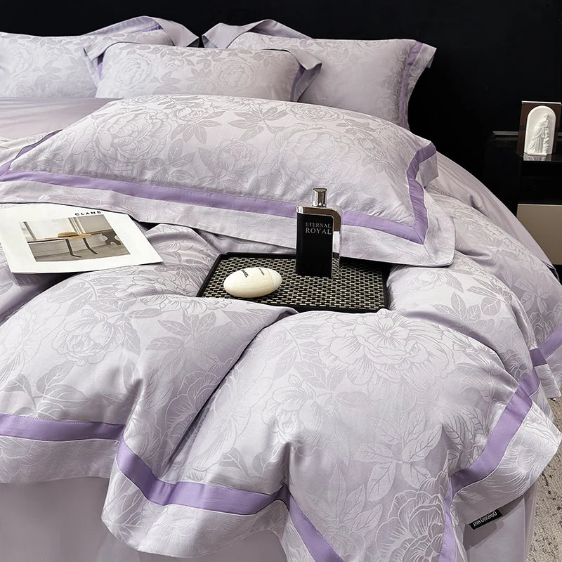 600TC Egyptian Cotton Flowers Jacquard Luxury Queen King Size Bedding Set