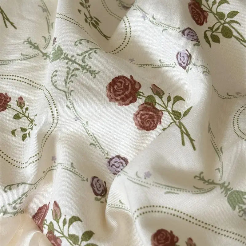 4Pcs Vintage French Pure Cotton Rose Print Pleated Lace Ruffles Bedding Set