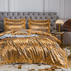 Luxury Euro Gold Satin Jacquard Lace Bedding Set