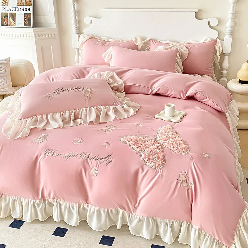 3/4Pcs Korean Princess Style Washed Cotton Three-Dimensional Embroidered Butterfly Queen Size Bedding Set