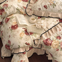 4Pcs Vintage French Floral Ruffles Bedding Set, 100% Cotton, Princess Duvet Cover Set, Quilted Bedspread, Bed Sheet, Pillowcases