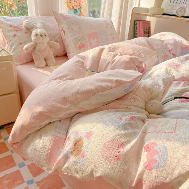 Kawaii Duvet Cover Set Cartoon Printed with Zipper Bed Sheet Pillowcases No Filler Twin Queen Size Adult Kids Bedding Linens
