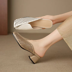 cowhide round head hollow breathable mid Heel