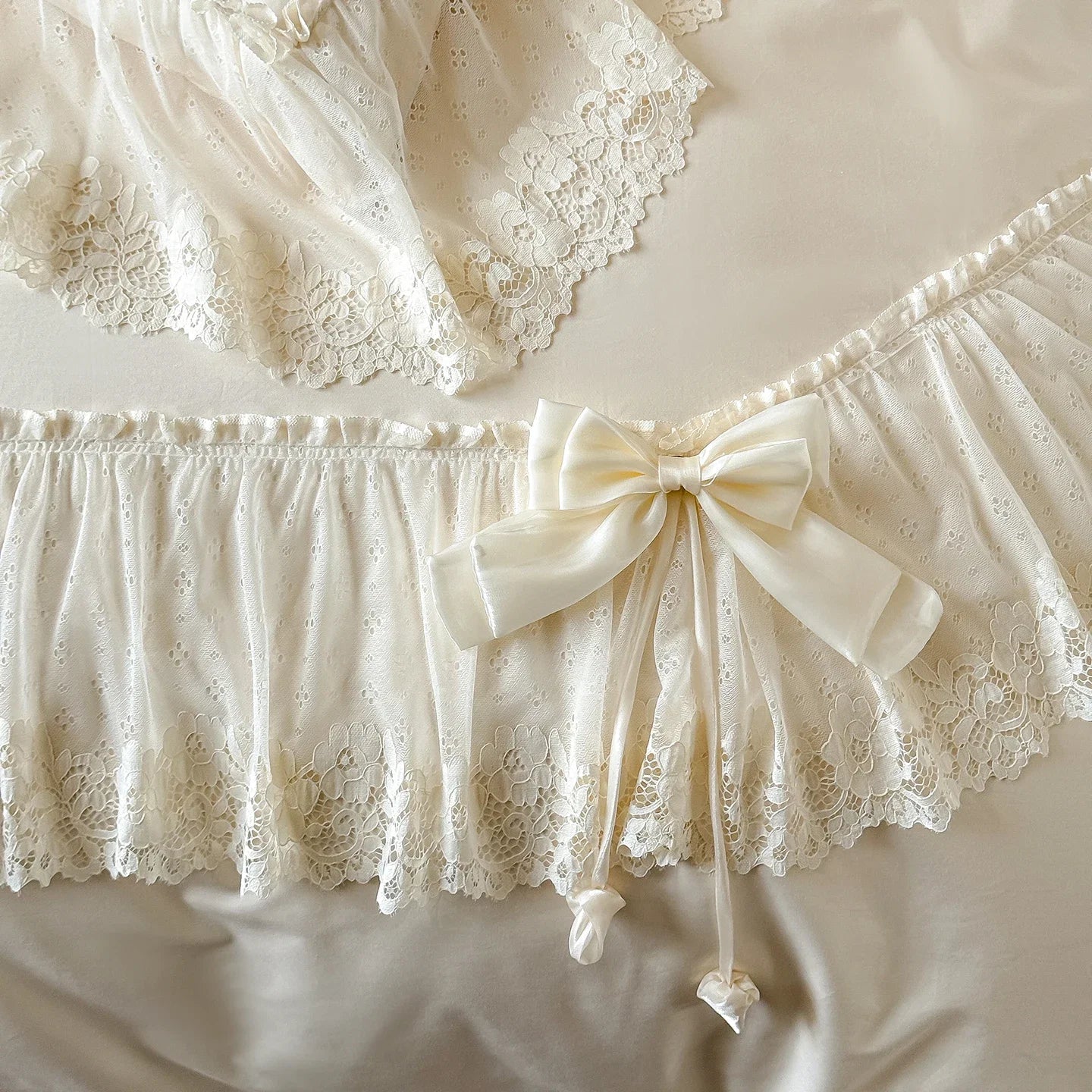 100% Cotton Vintage French Lace Ruffles Bow Princess Wedding Bedding Set