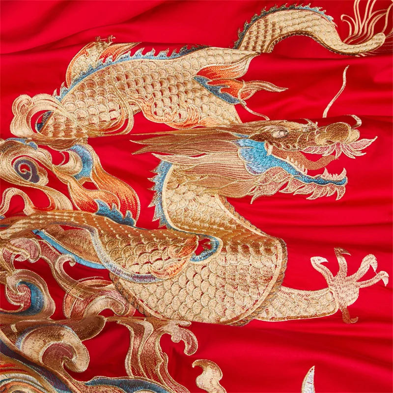 Luxury Chinese Style Wedding Dragon Phoenix Embroidery Red Bedding Set
