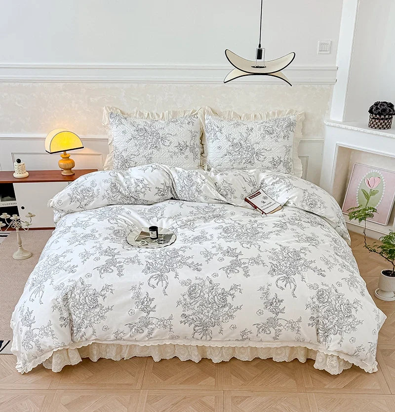 Korean Princess Style Floral Print Lace Ruffles Bedding Set