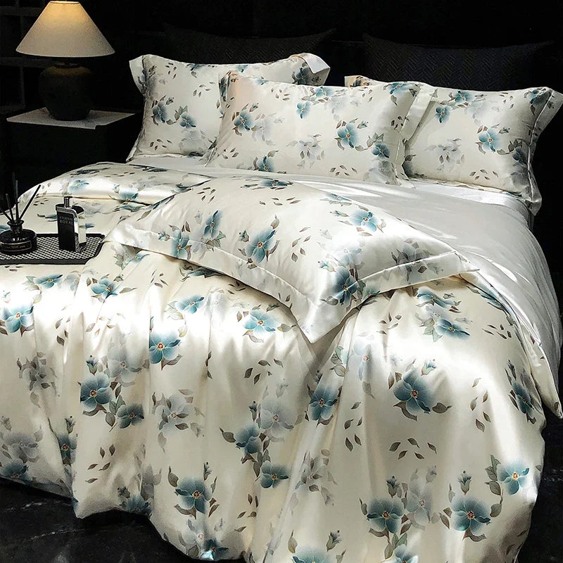 Luxury Mulberry Silk Duvet Cover High End Floral Printed Bedding Set