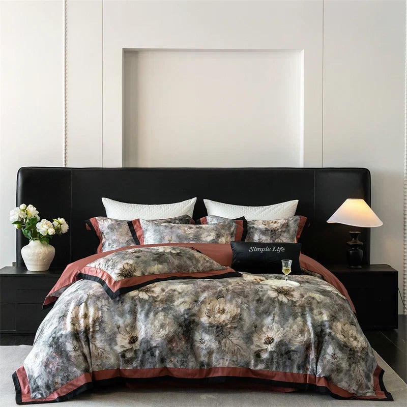 Premium 1000TC Egyptian Cotton Flowers Prints Oil Painting Style Bedding Set