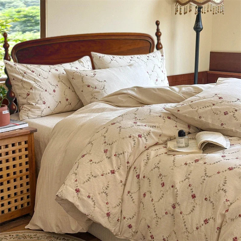 Bohemian Cotton Linen Bedding Set, Ethnic Floral Embroidery, Vintage Farmhouse Duvet Cover Flat/Fitted Bed Sheet Pillowcase 4Pcs