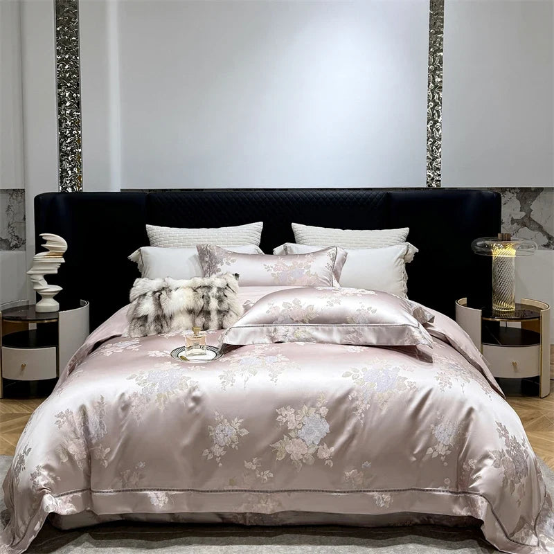 Premium 100S Egyptian Cotton Floral Jacquard Luxury Bedding Champagne Ultra Soft Duvet Cover Set Bed Sheet With Pillowcase 4Pcs