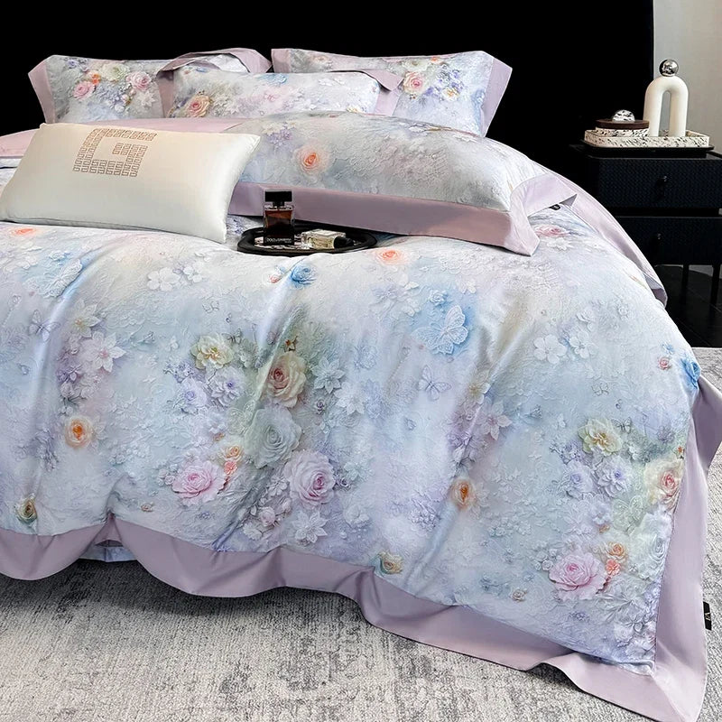 1000TC Egyptian Cotton Blooming Flowers Prints Luxury Queen King Size Bedding Set
