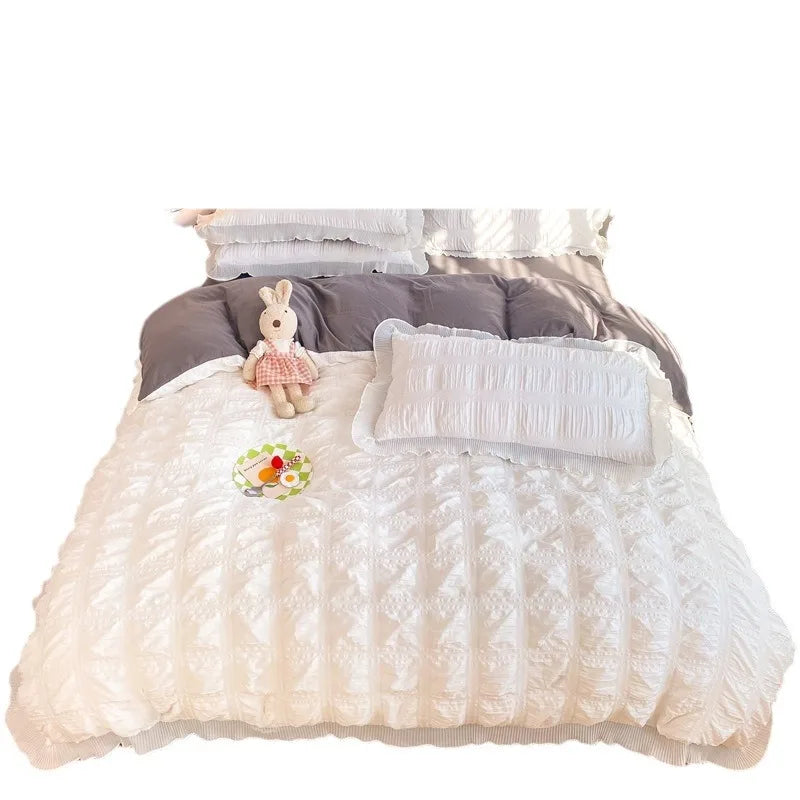 Korean Seersucker Duvet Cover Set with Pillowcases Flat Sheet Adults Kids Twin Full Queen Size Bedding Set