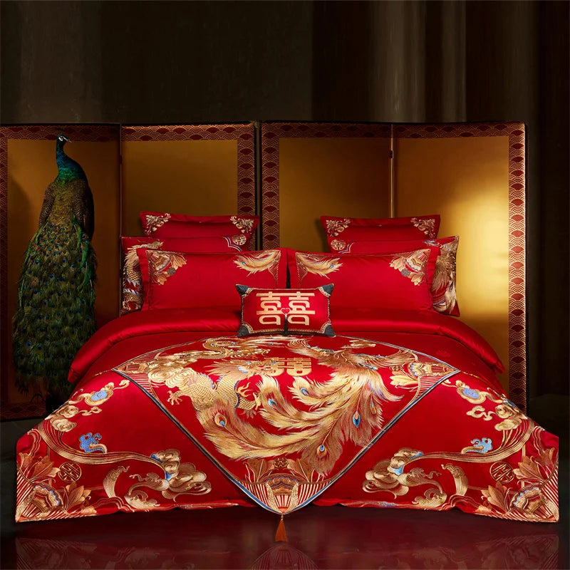 Chinese Style Wedding Dragon Phoenix Embroidery Egyptian Cotton Bedding Set