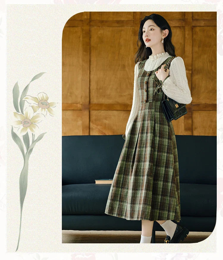 Harmony Plaid Wool Dark Academia Cottage Dress