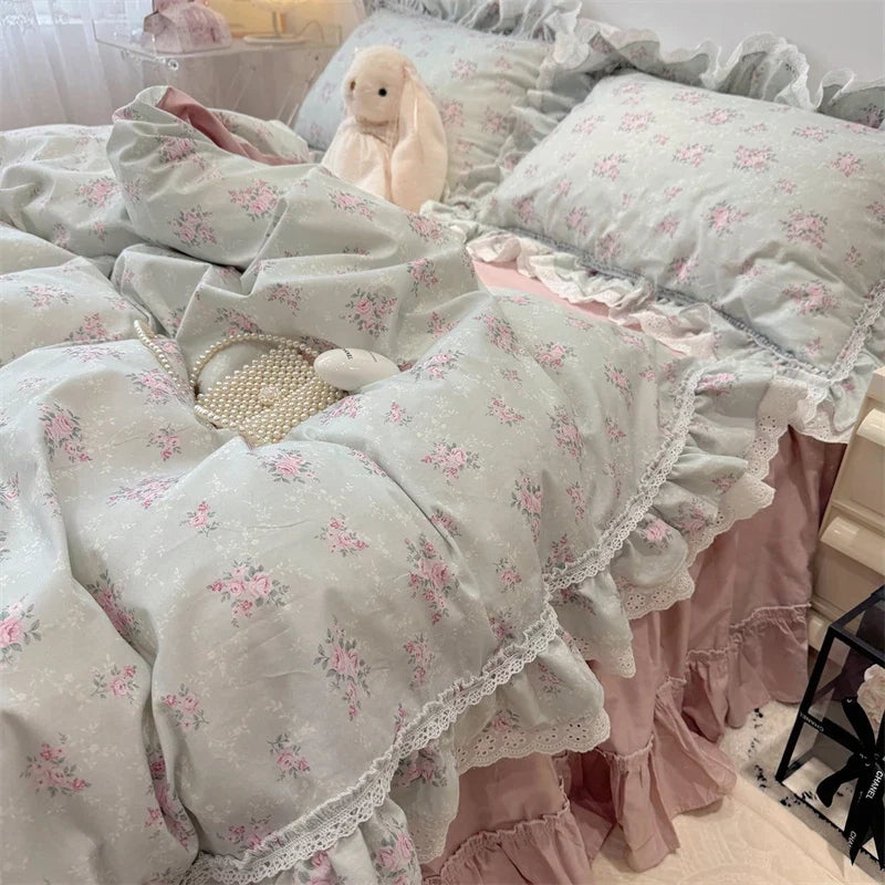 3/4Pcs Korean Princess Style Floral Lace Ruffle 100% Cotton Bedding Set