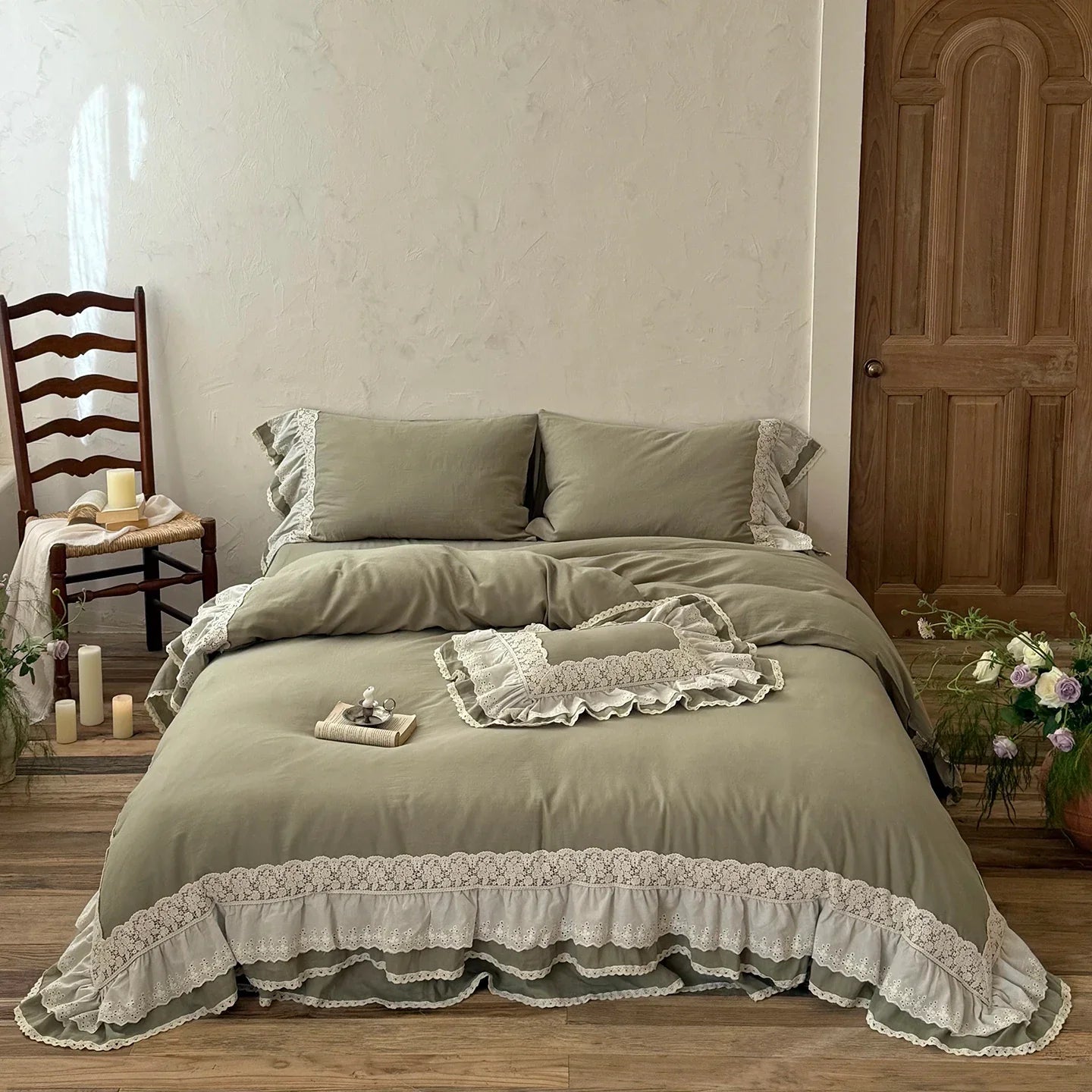 Romantic Double Layer Lace Ruffles 100% Cotton Double Gauze Princess Wedding Bedding Set