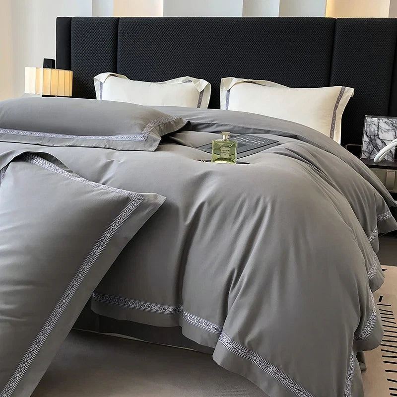 100% Cotton Thickened Brushed Fabric Simple Embroidery Bedding Set