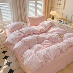 Ins Pink Plaid Bedding Set