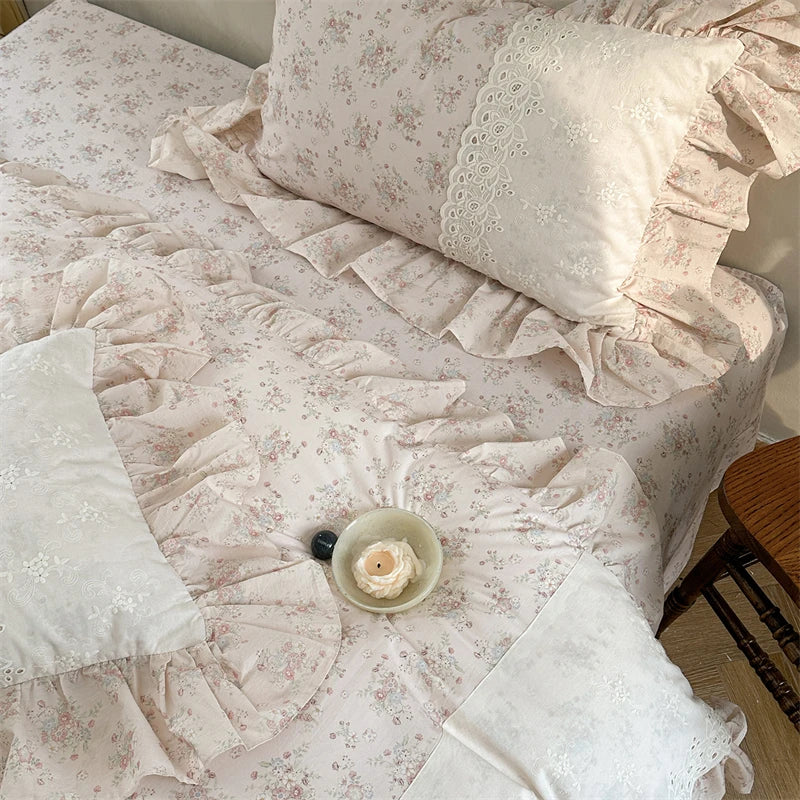 French Vintage 100% Cotton Lace Ruffles Floral Princess Bedding Set