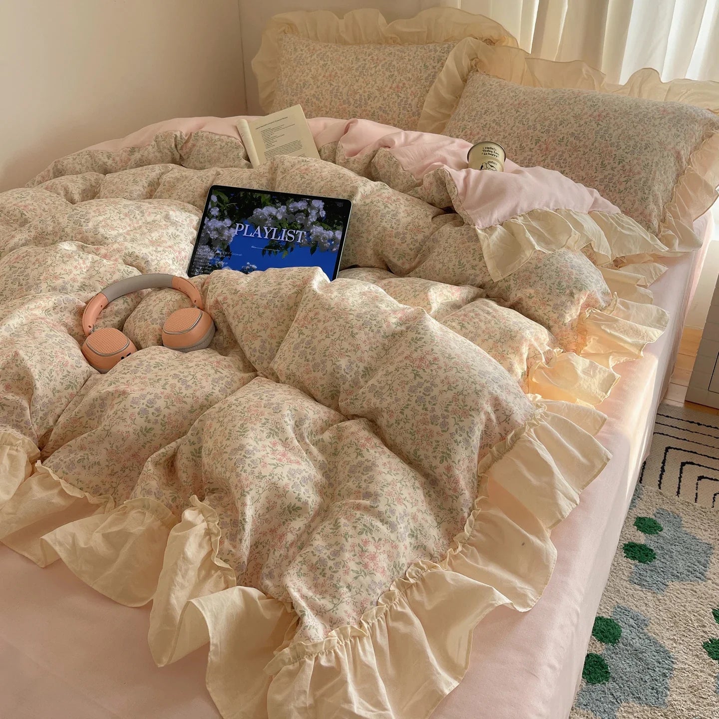 100% Cotton Korean Princess Style Floral Ruffles Bedding Set