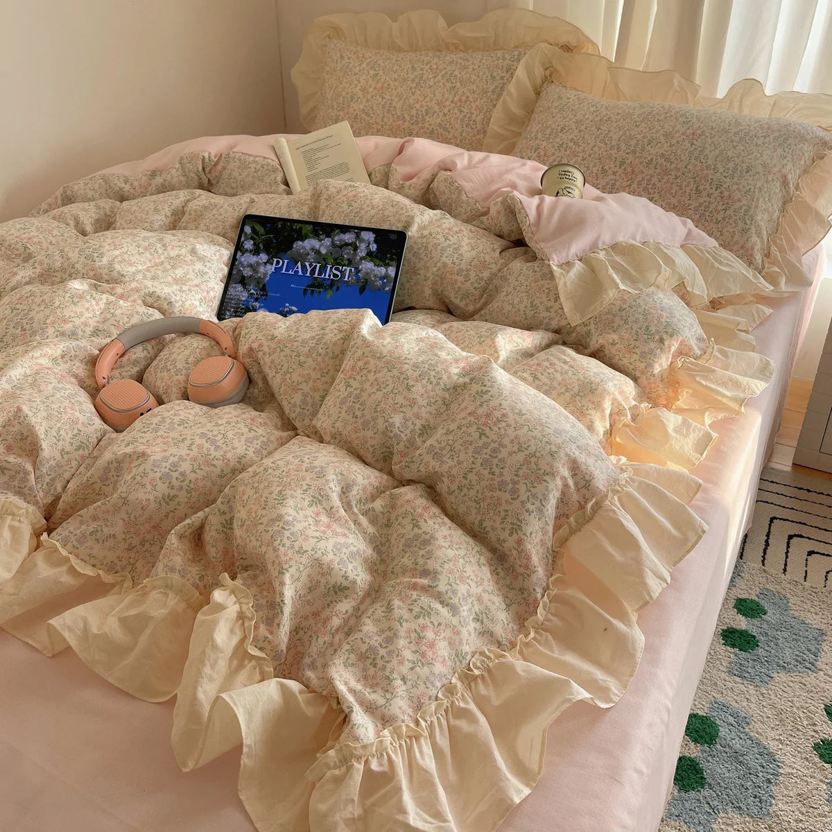 100% Cotton Korean Princess Style Floral Ruffles Bedding Set