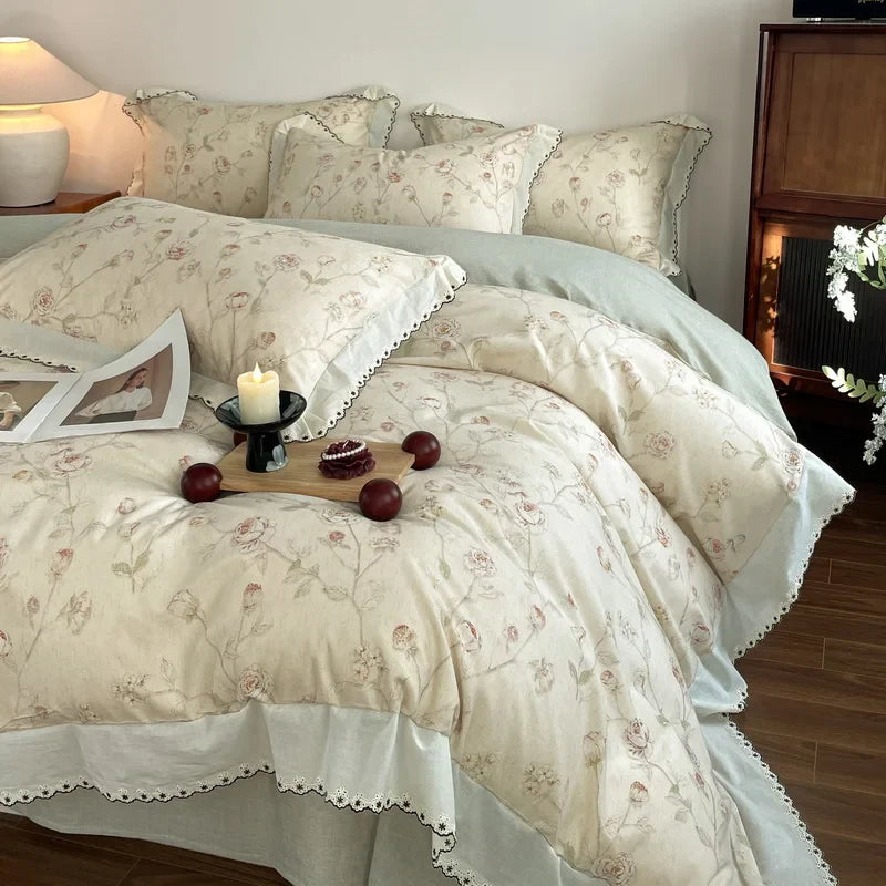Vintage Floral Print Lace Luxury Bedding Set