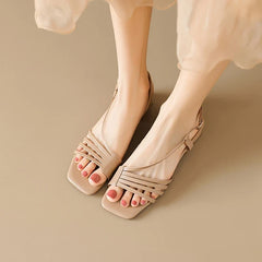 Leather Cowhide Square Toe Elastic Hollow Breathable Mid Heel