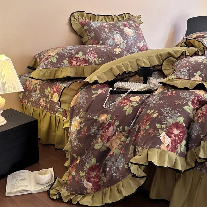 4Pcs Vintage French Floral Ruffles Bedding Set, 100% Cotton, Princess Duvet Cover Set, Quilted Bedspread, Bed Sheet, Pillowcases