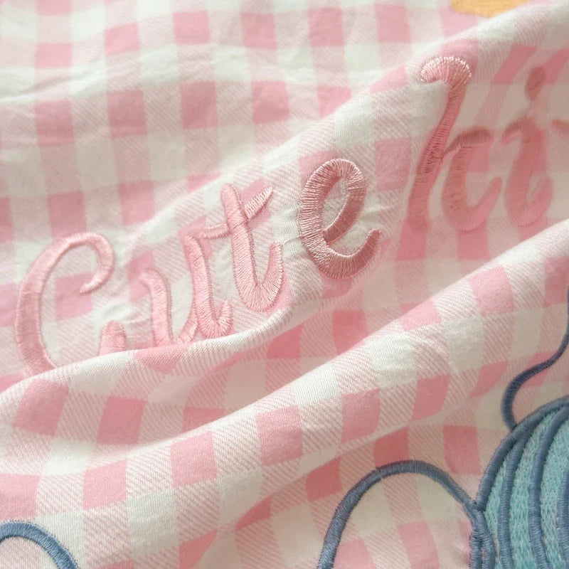 Cute Pink Cartoon Cat Bow Towel Embroidery Girls Kids Bedding Set