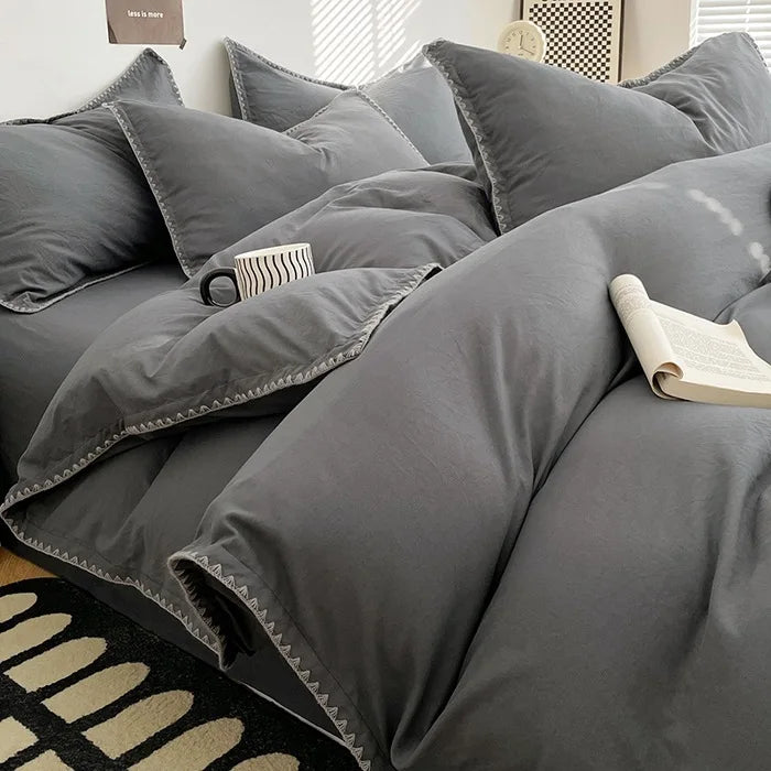 3 Pcs Simple Solid Color Quilt Cover Set with Pillowcases Stitching Design King Queen Size Bedding Set