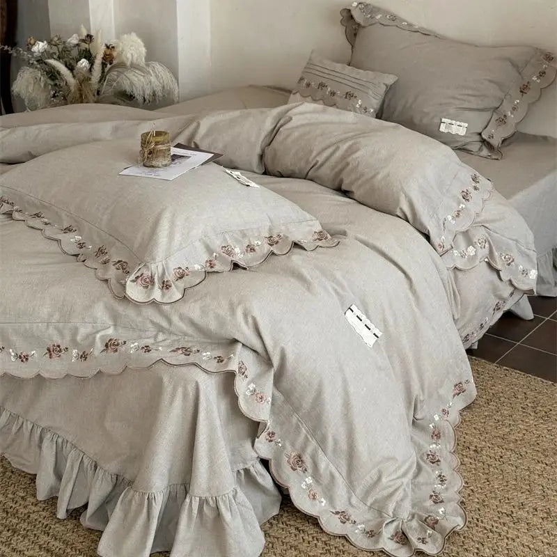 Vintage French Lace Flowers Embroidery Natural Cotton Linen Princess Bedding Set
