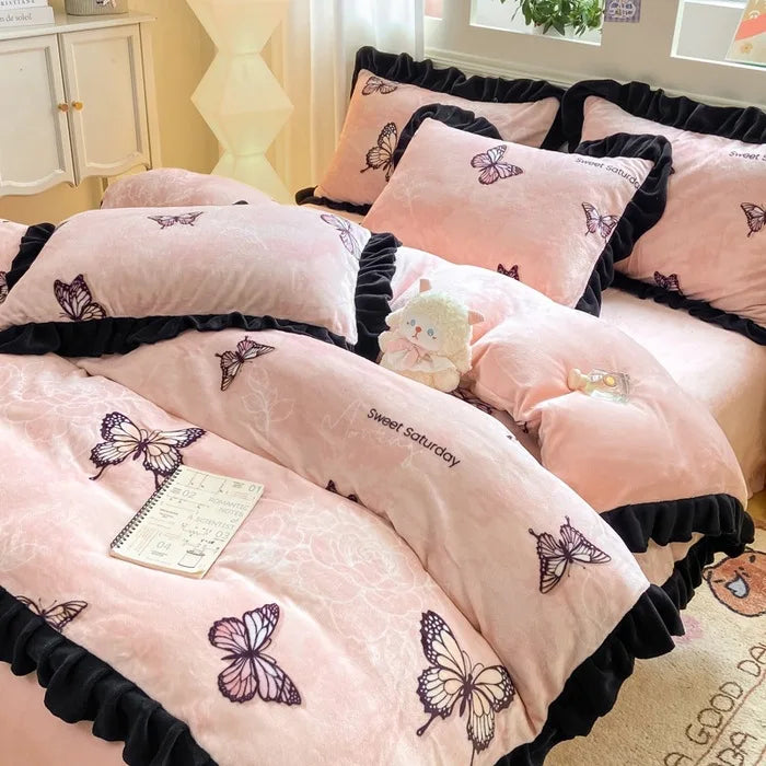 French Style Korean Lace Milk Velvet Bedding Set