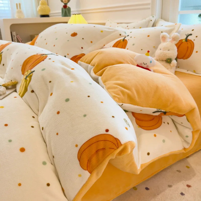 Cartoon Print Milk Velvet Duvet Cover Set Sheet Pillowcase Winter Plush Comforter Cover Set Home Textile Queen King Bedding Set