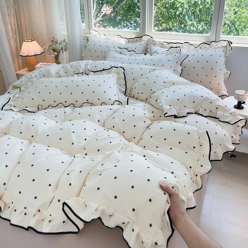 Heart Print Duvet Cover Set Princess Style Lace Ruffles Bedding Set