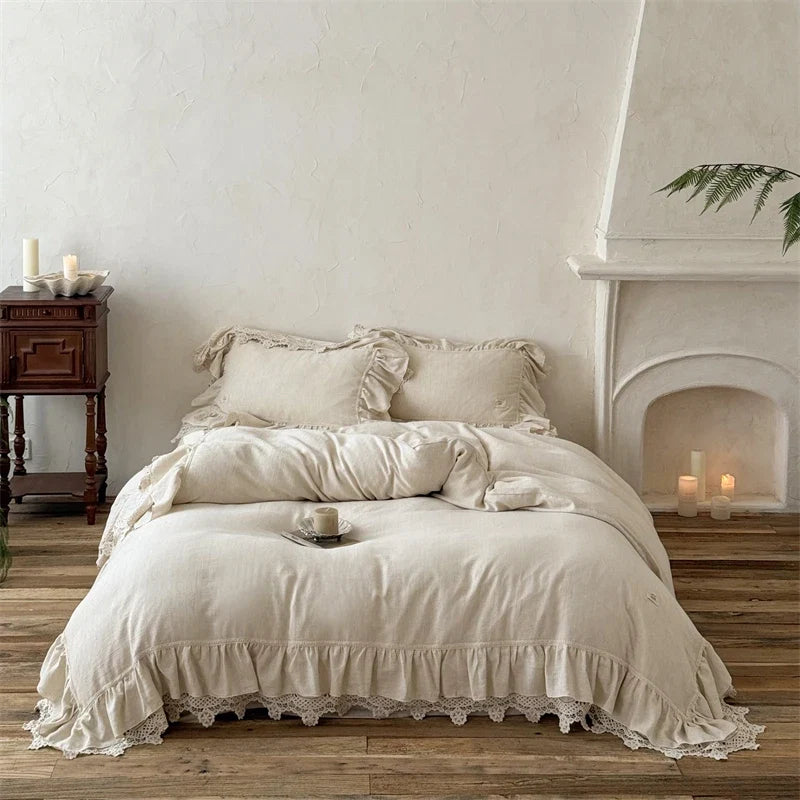 20% Linen And 80% Cotton Double Layer Lace Ruffles Vintage French Bedding Set
