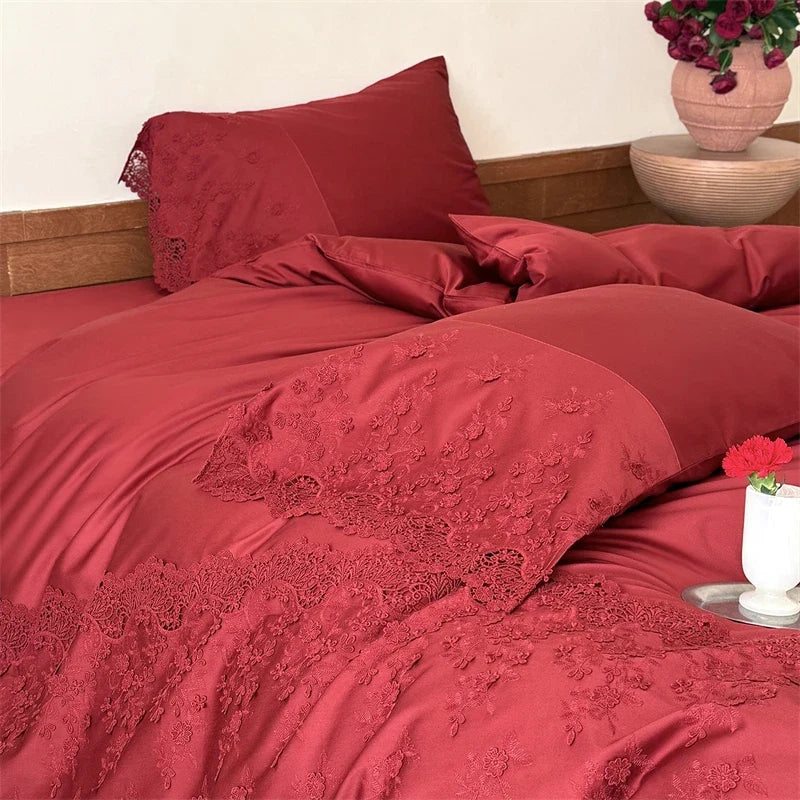 1000TC Egyptian Cotton Red Lace Embroidery Wedding Bedding Set
