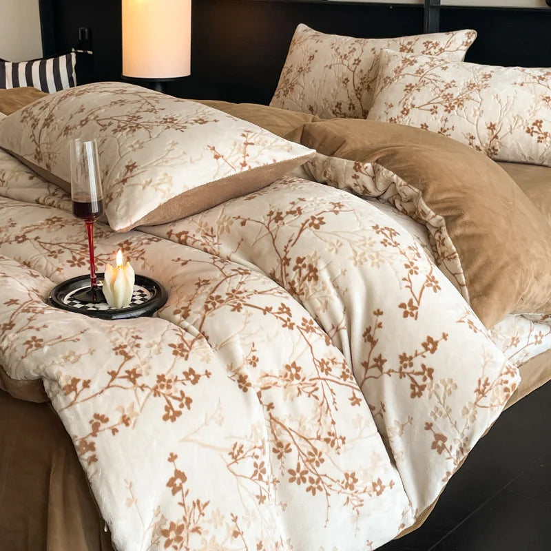 Winter Warm Velvet Duvet Cover Set Printed Queen Bedding Set