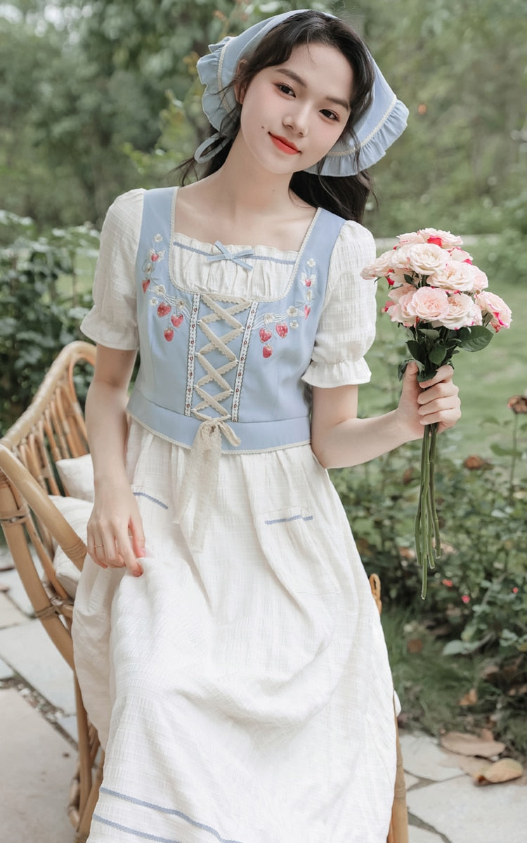 Strawberry Garden 3-Piece Set Cottagecore Dress with Head Scarf