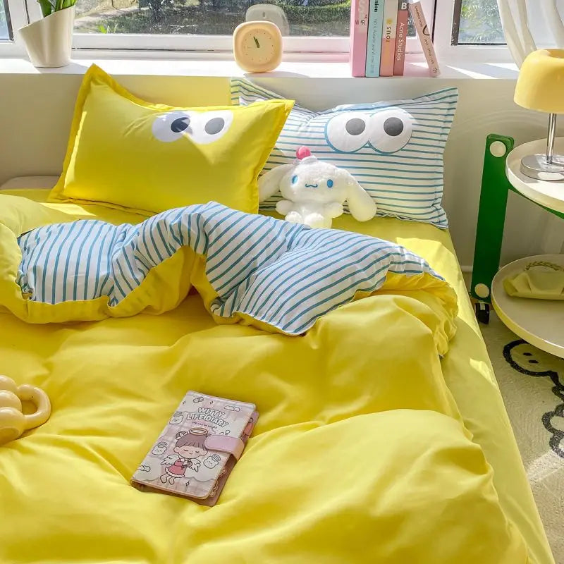 Cute Korean Style Duvet Cover Set No Filler Green Pink Mix Color Flat Sheet Pillowcases Polyester Twin Queen Size Bed Linens
