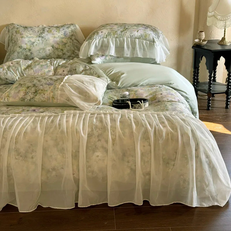 3/4Pcs French Princess Style Tencel Cotton Ice Silk Summer Cooling Comforter Set Blue Print Ruffle Bedding Set