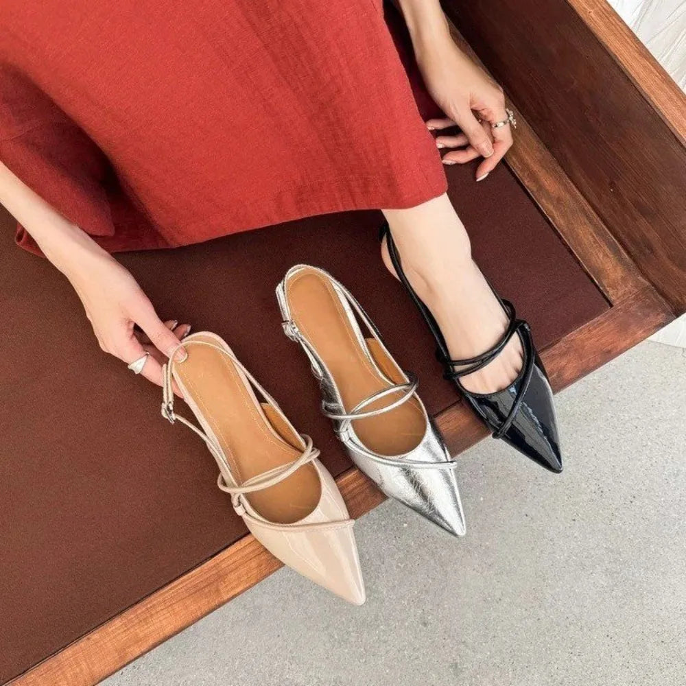 French Black Pointed Patent Leather Mid-Heel
