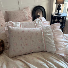 Pink Floral Double Layer Lace Ruffles 100% Cotton Bedding Set