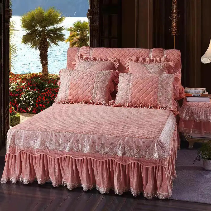 European Style Winter Lace Embroidery Bed Skirt Set High Quality Thickened Bed Cover Bedding Set