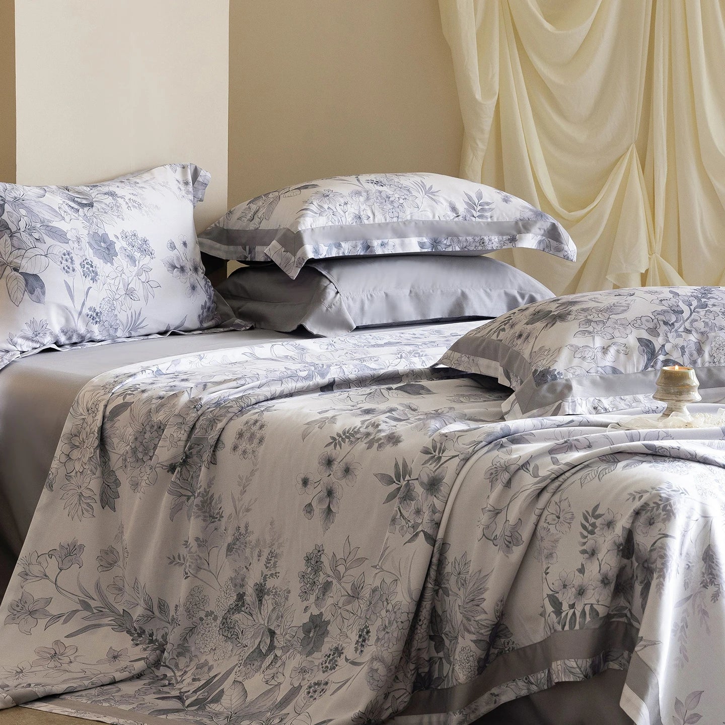 Luxury 600TC Lyocell Cotton Bedding Set, Floral Print Duvet Cover Set with Pillowcases, Soft Silky Bed Sheet/Fitted Sheet 4Pcs
