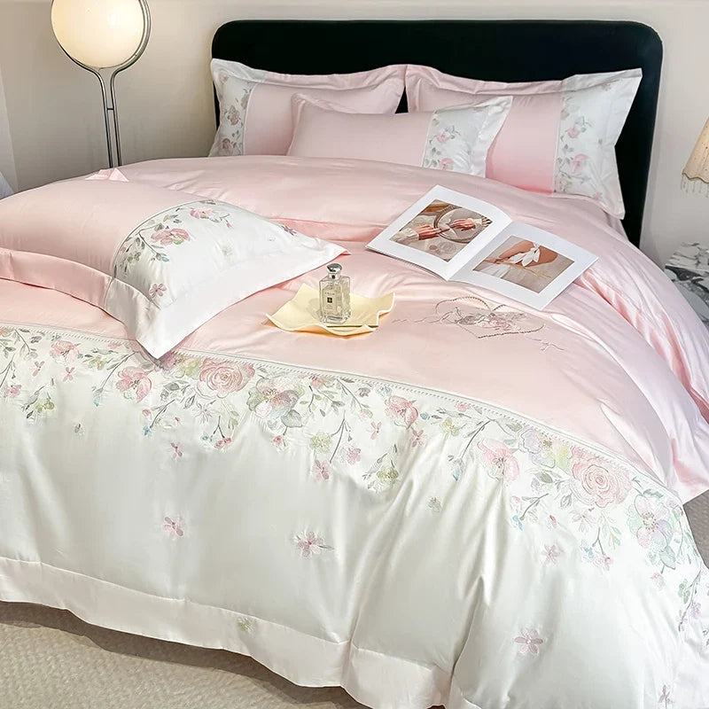100% Cotton Chic Flowers Embroidery Luxury Double Queen King Size Bedding Set