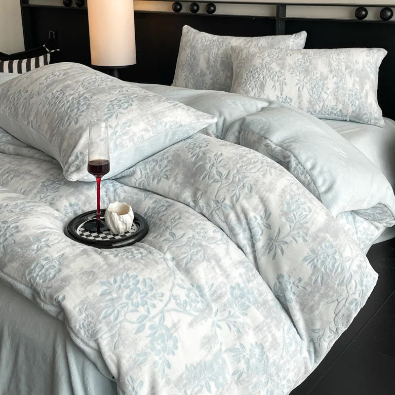 Winter Warm Velvet Duvet Cover Set Printed Queen Bedding Set
